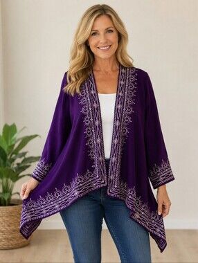 Johnny Was Purple Floral Embroidered Open Front Sweater Cardigan Size M